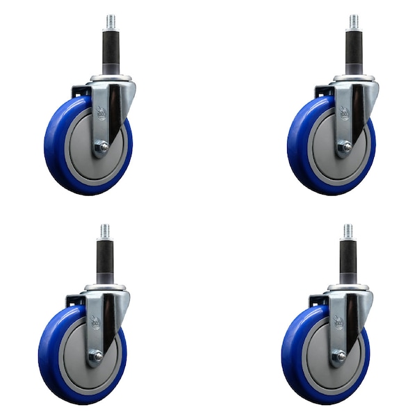 5'' Blue Poly Wheel Swivel 1'' Expanding Stem Caster Set, 4PK